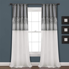 Lush Decor Night Sky Window Curtain Panel, Single, 42" W x 95" L, Gray & White - Sequin Curtains - Sparkle & Color Block Design - Modern Glam Decor - Long Curtains for Bedroom & Living Room