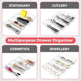 Amtido 4 Pack Drawer Organisers - Sturdy Clear Plastic - Versatile Storage for Kitchen, Bathroom, Utensils, Makeup, Office, and Desk Accessories (7.6cm x 22.9cm x 5.1cm)