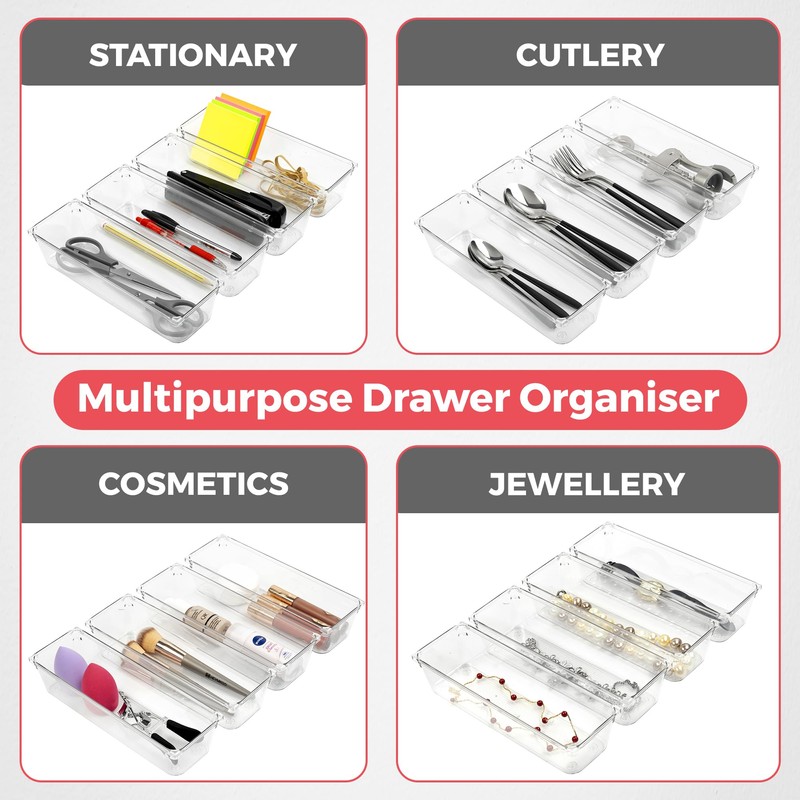 Amtido 4 Pack Drawer Organisers - Sturdy Clear Plastic -