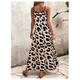 SOLY HUX Women's Leopard Print Maxi Dress V Neck Spaghetti Strap Flowy Long Vacation Summer Dresses Multicoloured Leopard Medium