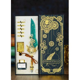 Quill Feather Pen and Ink Set, Calligraphy Set, Calligraphy Kits Include Antique Quill Feather Pen, 5 Nibs, 1 Bottle of Inks, Pen Holder for Beginners, Birthday Gift (European Green)