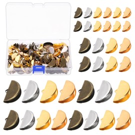 Wokape 240Pcs 4 Size 4 Colors Pinch Crimp Ends, Iron Ribbon Ends, Half Round Ribbon Cord Crimp Ends 13mm 15mm 20mm 25mm Leather Crimp Ends Fan Shape Fastener Clasps with Loop for Jewelry Making