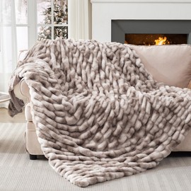 Touchat Ruched Faux Rabbit Fur Throw Blanket, 700 GSM Luxury Dual-Sided Soft Cozy Blanket, Fuzzy Fluffy Plush Blanket for Bed, Couch and Sofa - 50"x60", Tie-dye Coffee