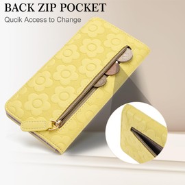 VIMUTI Ultra Slim Thin Wallet Women 3D Embossed Flower Leather Womens Wallet RFID Blocking Credit Card Holder Bifold Clutch Long Ladies Billfold Wallet for Women Yellow