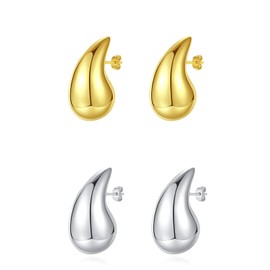 Preskiers Teardrop Earrings Dupes for Women Gold/Silver Chunky Hoop Earring Dangle Water Drop Hypoallergenic Earring Set for Women Girls, Stainless Steel, No Gemstone