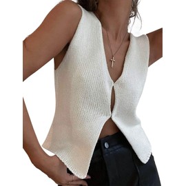 Sunloudy Knit Vest Tops for Women Sleeveless V Neck Button Down Sweater Vest Solid Color Crochet Tank Tops Streetwear(White,Small)