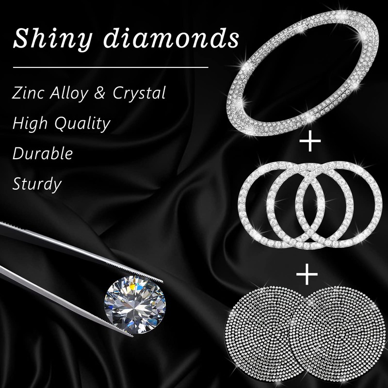 JINGSEN Car Steering Wheel Logo Caps, Bling Car Interior Set