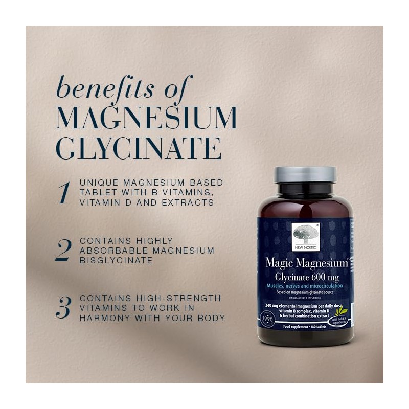New Nordic Magic Magnesium Glycinate 600mg, 3 Month Supply, Supports
