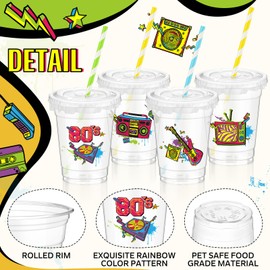 FoldTier 50 Pcs 80's Party Cups Disposable Plastic Cup 12 Oz G Back to 80s Cups Thick 80s Theme Clear Cup Lids Straws Retro Music Party Supplies Throwback Dance Birthday Party Favor Table Decorations