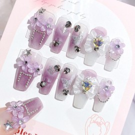 Handmade Press on Nails Medium Coffin Fake Nails with 3D Bow Flower Pearl Charm Designs Purple Gradient Nails Press ons Glossy Glue on Nails White Acrylic Nails Cute Stick on Nails for Women 24Pcs