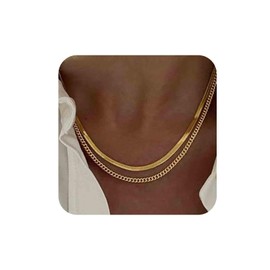 Aneneiceera Vintage Layered Curb Chain Choker Necklace Gold Flat Herringbone Necklace Chunky Snake Chain Necklace Metal Curb Link Chain Necklace Jewelry for Women
