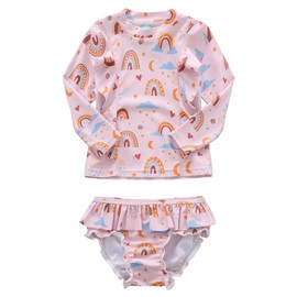 Toddler Girls Rash Guard Swimsuits Set for Girls Long Sleeve Bathing Suits with Bikini Bottom UPF 50+ Two Piece Swim Set Cloud Rainbow 4T