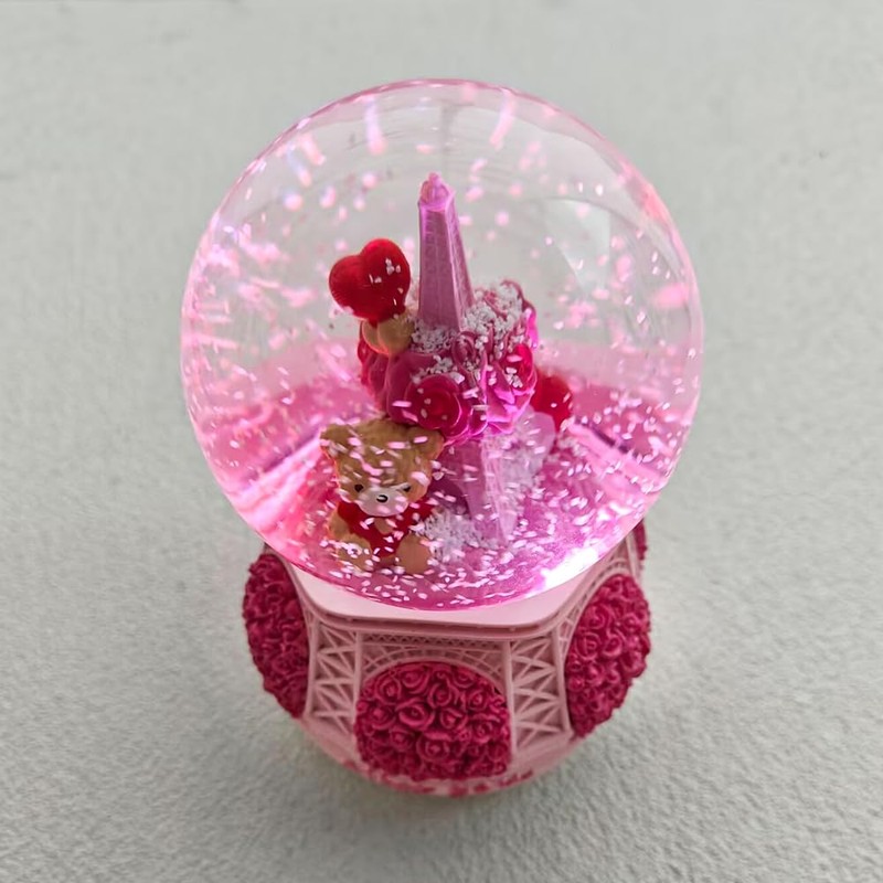 Snow Globe, 100mm Pink Resin Bear Sit Back The Flower