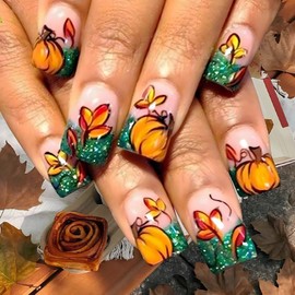 24 Pcs Fall Press on Nails Short Medium Fake Nails with Glue Maple Leaf Pumpkin Design Glitter Full Cover False Nails Thanksgiving Glue on Nails Autumn Leaf Nails Reusable Stick on Nails for Women