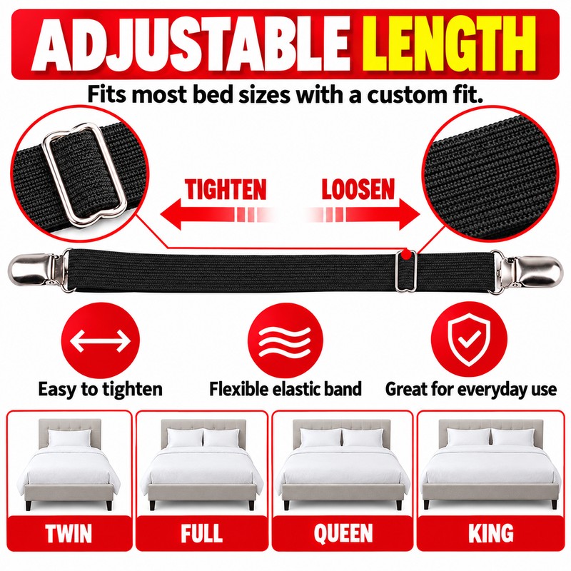 Adjustable Bed Sheet Fastener Straps, 4-Pack Elastic Sheet Grippers with