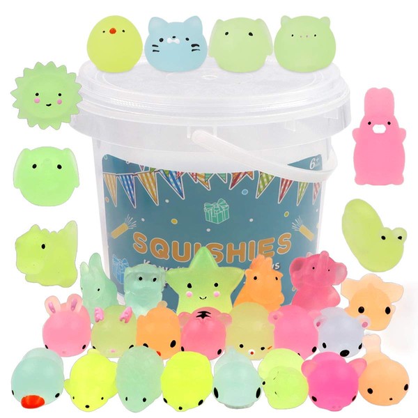 POKONBOY 23 Pack Squishies Mochi Squishy Toys Glow in The Dark Party Favors for Kids - Mini Kawaii Squishies Mochi Animals Stress Relief Squishy Pack Squishy Cat Squishys with Storage Box