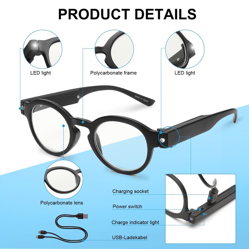 SKYWAY Rechargeable Reading Glasses with Lighted Reading Glasses for Men
