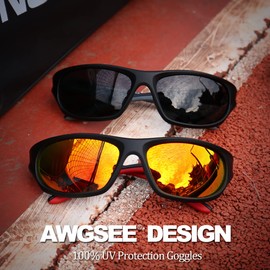 AWGSEE - anteojos de sol deportivas polarizadas para hombre, montura irrompible TR90 para pesca, conducción, ciclismo, protección UV400, (Paquete de 2) negro + negro marco rojo/lente espejo rojo claro, 60mm