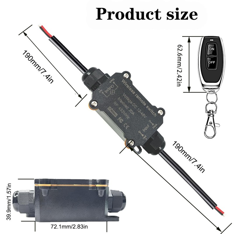 NEWNEWLIU DC12V Waterproof Remote Control Switch,DC12V/24V/48V/20A Wireless Remote Switch,164ft Long