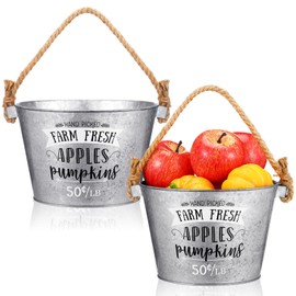 Honeydak 2 Pack 8 x 5.5 Inch Fall Galvanized Metal Bucket Rustic Vintage Medium Metal with Sturdy Rope Handle Picked Farm Fresh Apples Pumpkins for Home Decor Display Fruits Vegetables Party Supplies