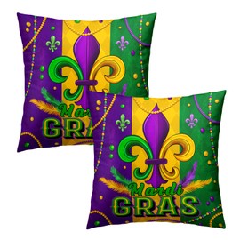 Mardi Gras Throw Pillow Cover 18x18 Inch Pack of 2 Yellow Green and Purple Fleur De Lis Cushion Pillow Case Square Cotton Happy Mardi Gras Pillowcase for Party Bed Sofa Home Car Bedroom Outdoor