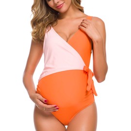 Tempotrek Maternity Swimsuit One Piece Elegant V Neck Pregnancy Swimwear Tie Front Bowknot Bathing Suit Monokini