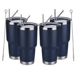 MEWAY 30oz Insulated Tumbler With Lids and Straws,Stainless Steel Double Vacuum Coffee Tumbler Cup, Brush, Durable Powder Coated Coffee Cup for Cold & Hot Drinks, Office, Travel(Navy,4 PACK)