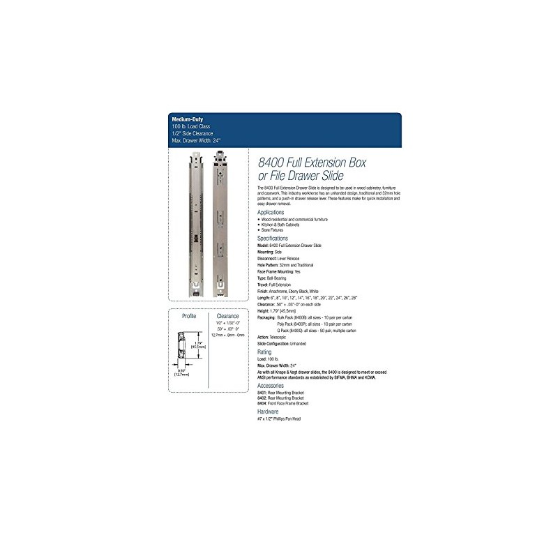 Knape & Vogt Side Mount Full Extension Drawer Slide, 12-Inch,