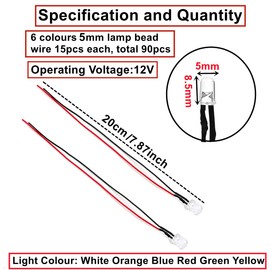 HUAZIZ 90 Pieces 12 V Pre-Wired Transparent LED Light Emitting Diodes Assortment Kit 12 Volt 5 mm Round Head LED Diode Light Emitting Diode Set 6 Colours White/Red/Yellow/Green/Blue/Orange (15 Pieces