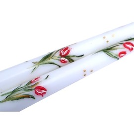 Decorated White Taper Candles with Hand Painted Pink Tulip Designs Spring Decor Floral Springtime Easter Table Decorations