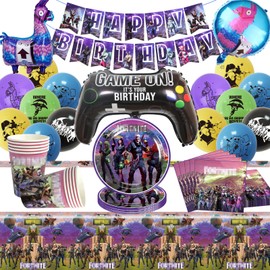 Fortnit Birthday Decoration, 55 Pieces Fortnit Party Tableware Set, Gaming Party Birthday Decoration, Fortnit Balloons, Banners, Plates, Napkins, Cups, Tablecloths, Fortnit Children's Birthday