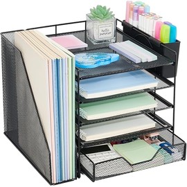 Organizadores y accesorios de escritorio, organizador de bandeja de papel de 5 niveles con soporte para archivos, cajón y soporte para bolígrafos, acc