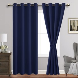 JIUZHEN Blackout Curtains with Tiebacks - Thermal Insulated, Light Blocking and Noise Reducing Grommet Curtain Drapes for Bedroom and Living Room, Set of 2 Panels, Navy Blue, 52 x 84 Inch Length