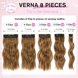 Hair Extensions for Women, 8PCS 16 Inch Chestnut Brown Clip in Hair Extensions Mix Blonde, Synthetic Wavy Clip Ins, Full Head Thick Hairpieces for Women