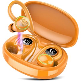 PEFUPEW Wireless Earbuds, Bluetooth Ear Buds Sport, Stereo Deep Bass Over Ear Buds with Earhooks, in Ear Earphones with 4 ENC Noise Cancelling Mic, 48H LED Display Headphone for Running, IP7, Orange