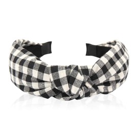 Statement Fashion Headband - Hair Accessories Bow Criss Cross Tie, Turban Fabric Wrap Bohemian Top Knot, Faux Pearl, Rattan Straw, Plaid, Gingham (Criss Cross Buffalo Plaid - Black)
