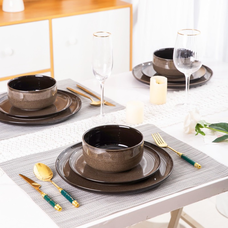 LeRATIO Ceramic Dinnerware Set of 4, Poreclain Plates, Bowls, Handmade