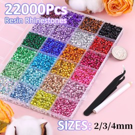 22000Pcs Resin Rhinestones for Bedazzling with Tweezers, Multicolor 2/3/4mm Rhinestones for Crafting with B7000 Jewelry Glue for DIY Crafts Clothing Tumblers Shoes Fabric Nail Art