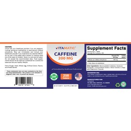 Vitamatic Caffeine Pills 200mg per Serving, 250 Vegetarian Tablets - 2 Pack