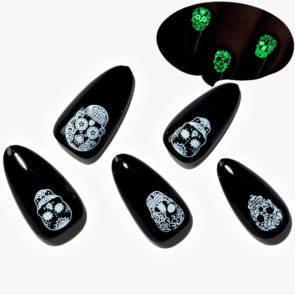 GLAMERMAID Press on Nails Short Almond for Halloween, Gothic Black
