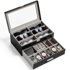 Lifewit 2- layer Sunglasses Organizer with Glass Lid, 6 Slots eyeswear and Watch box, Spaces for Rings, Brooch, Multiple Eyeglasses Display Case for Men, Inky Black, 35 x 20 x 13 cm/14 x 8 x 5 inch