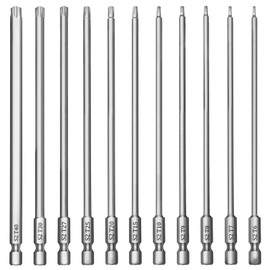 JAMHEXOU 11pcs 200mm Extra Long Torx Screwdriver Bit Set, Magnetic Torx Head Screwdriver Bits 1/4 Inch S2 Steel Hex Shank Star Torx Security Head Screw Driver Drill Bits Set Torx Bit Set