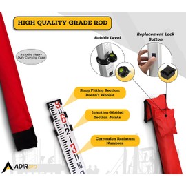 AdirPro 9 ft Aluminum Telescoping Grade Rod | Dual-Sided 5-Section Leveling Rod with 8th Foot Graduations & Locking Clamps | Bubble Level & Carrying Case Included