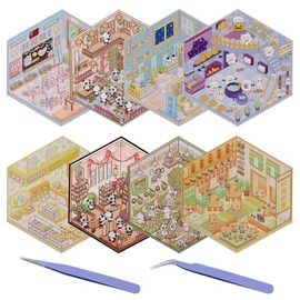 8 Sets 3D House Stickers, Fun DIY Stickers Scene, Make Your Own Supermarket Coffee Shop Restaurant Bookstore, Cute Cartoon Scene Sticker Relief Stress Pass The Time