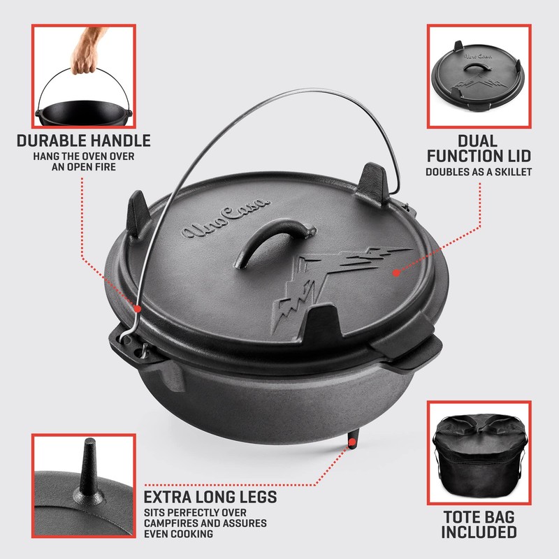 Uno Casa 6Qt Cast Iron Camping Dutch Oven with Lid