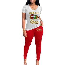 PINSV Lounge Sets for Women 2 Piece Summer Casual Jogger Workout Outfits Short Tops Long Pant Sweat Suit Leggings Set Red Lip Print M