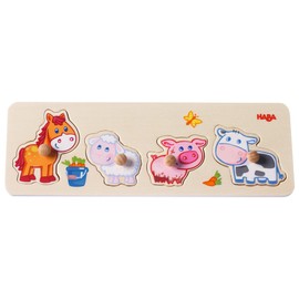 HABA Baby Farm Animals Clutching Puzzle - 4 Piece Jumbo Knob Wooden Puzzle for Ages 1 and Up