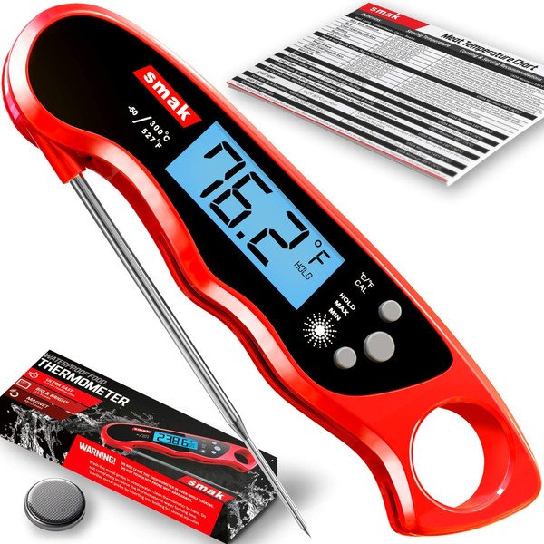 Digital Instant Read Meat Thermometer - Smak Waterproof Kitchen Food Cooking Thermometer with Backlight LCD - Best Super Fast Electric Meat Thermometer Probe for BBQ Grilling Smoker Baking Turkey