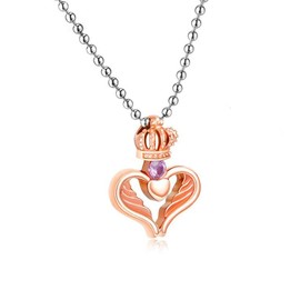 Rockyu Brand Women's Necklace Pink Gold Crown Heart Pendant Stainless Steel Metal Allergy Necklace Sweater Chain Long Antique Style Sold Individually, Stainless Steel, Amethyst