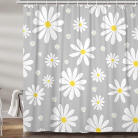 Grey Daisy Floral Shower Curtain, Cute Boho White and Gray Groovy Retro Flower Fabric Shower Curtains Set for Girls Bathroom Decorative, Aesthetic Restroom Decor Accessories with Hooks 60X72 Inch